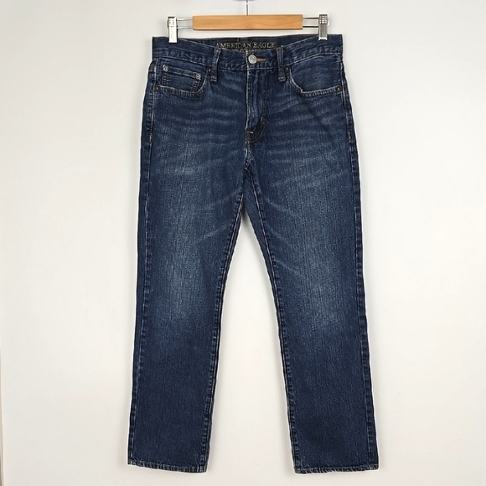 American Eagle Outfitters Men's Dark Blue Wash Faded Slim Straight Leg Jeans 30